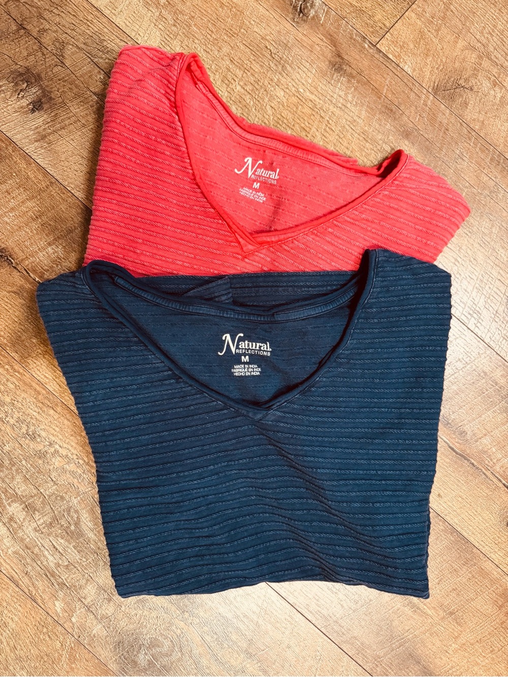 Natural Reflections Set of 2 Textured V-Neck 100% Cotton Tops -Med- Navy Coral